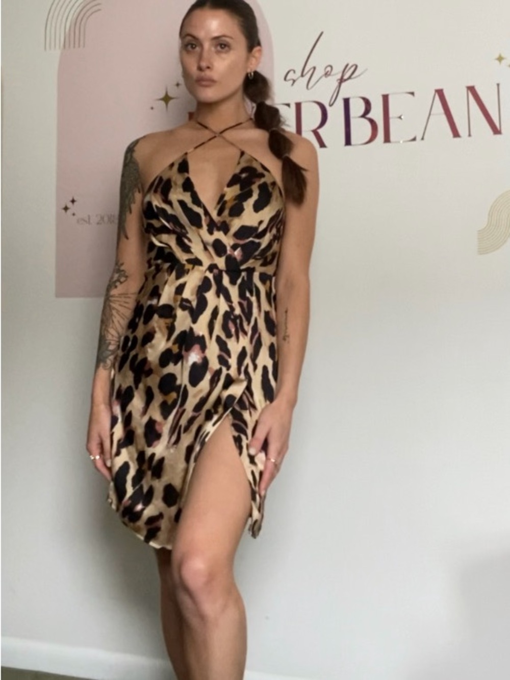 Leopard-Print Satin Mini Dress with Crisscross Halter